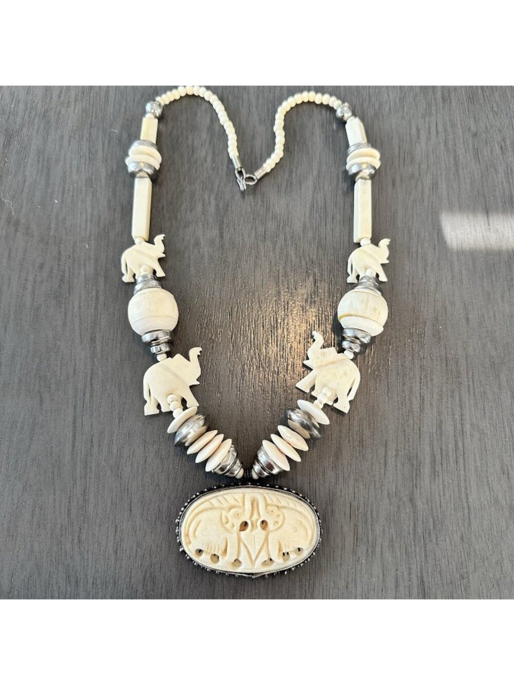 Antique Hand Carved Natural Bovine Bone Beaded Pendant Statement Necklace India